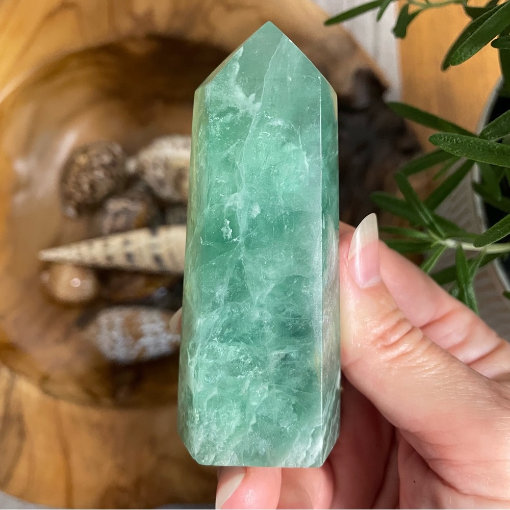 Green fluorite polished Crystal Tower high grade. Stunning saturated green